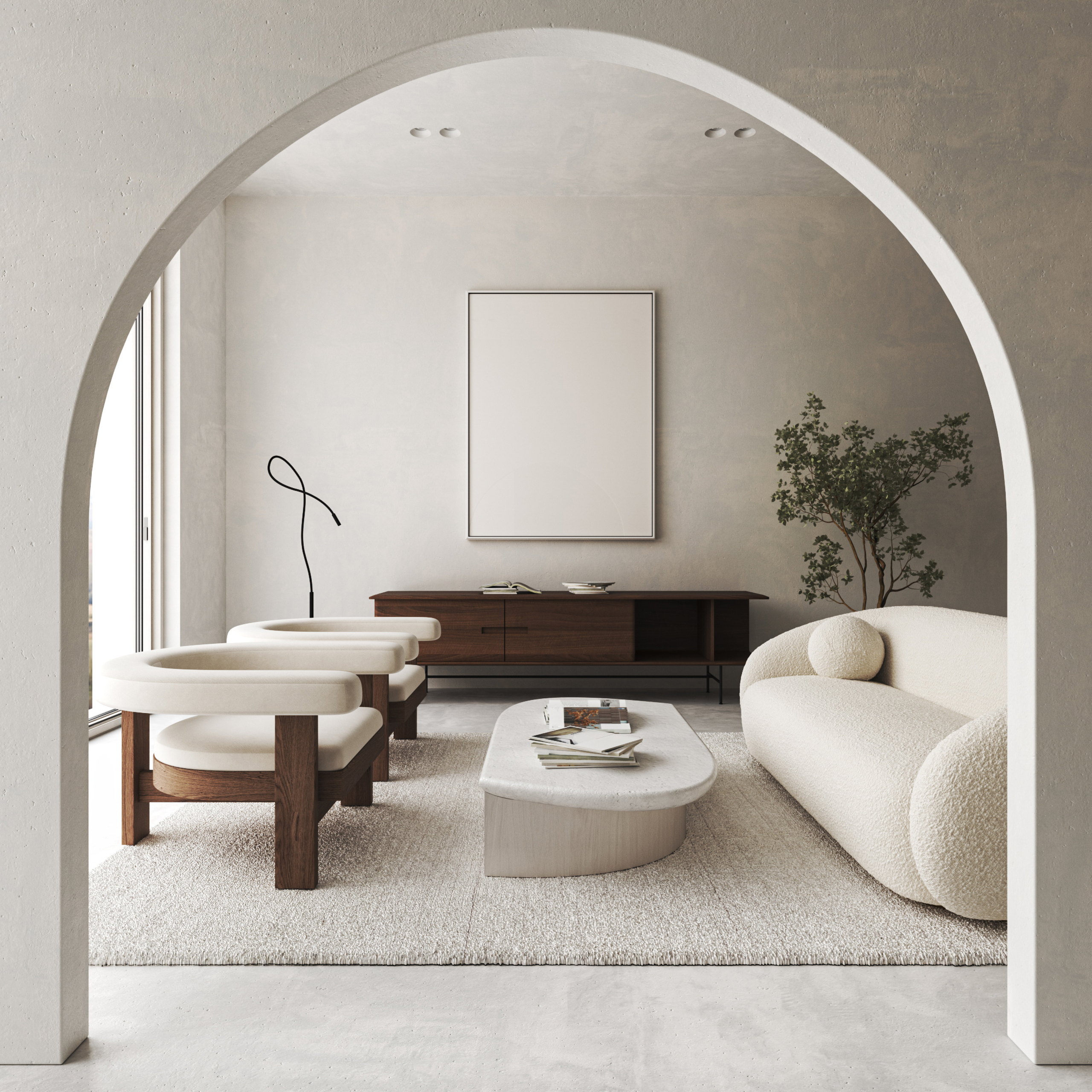 Wohnzimmer mit Sofa und Sessel Loungearea Interior Inspiration minimalistisch Design